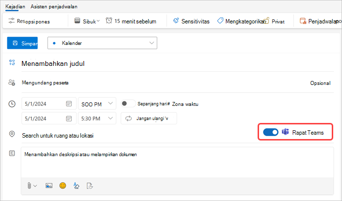 Aktifkan tombol alih rapat Teams di Outlook untuk menjadwalkan rapat Teams,