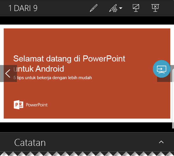 Saat slide ditampilkan dalam layar penuh pada monitor besar, Anda akan melihat tampilan Penyaji dengan kontrol navigasi dan catatan di layar ponsel