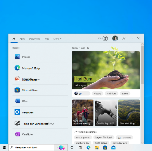 Windows 10 beranda pencarian dengan sorotan Pencarian