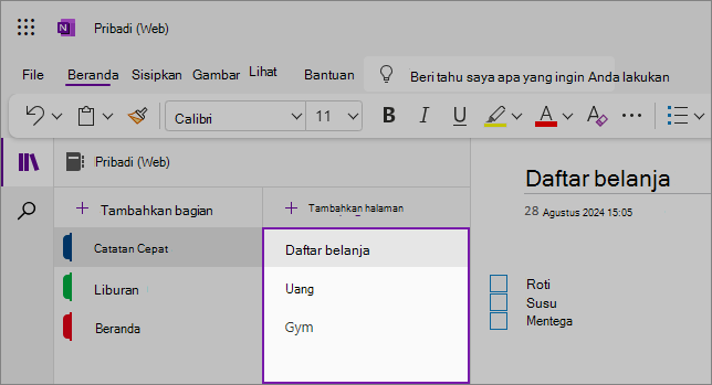 Tampilan antarmuka pengguna web OneNote yang menampilkan area konten