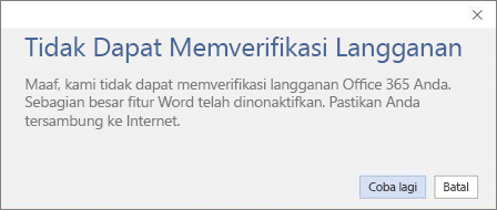 Cuplikan layar dari pesan kesalahan "Tidak Dapat Memverifikasi Langganan"