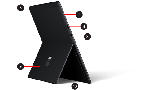 Gambar bagian belakang Surface Pro X yang mengidentifikasi lokasi tombol yang berbeda.