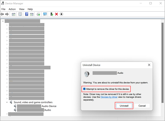 Hapus instalan perangkat audio di Manajer Perangkat di Windows 11.