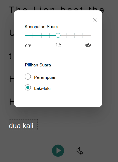 Kotak dialog opsi suara di Pembaca Imersif untuk Microsoft Lens untuk iOS.