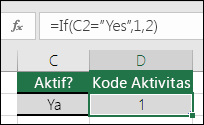 Sel D2 berisi rumus =IF(C2="Ya",1,2)