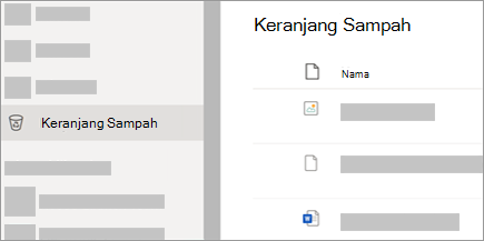 Cuplikan layar memperlihatkan tab Keranjang Sampah di OneDrive.com.