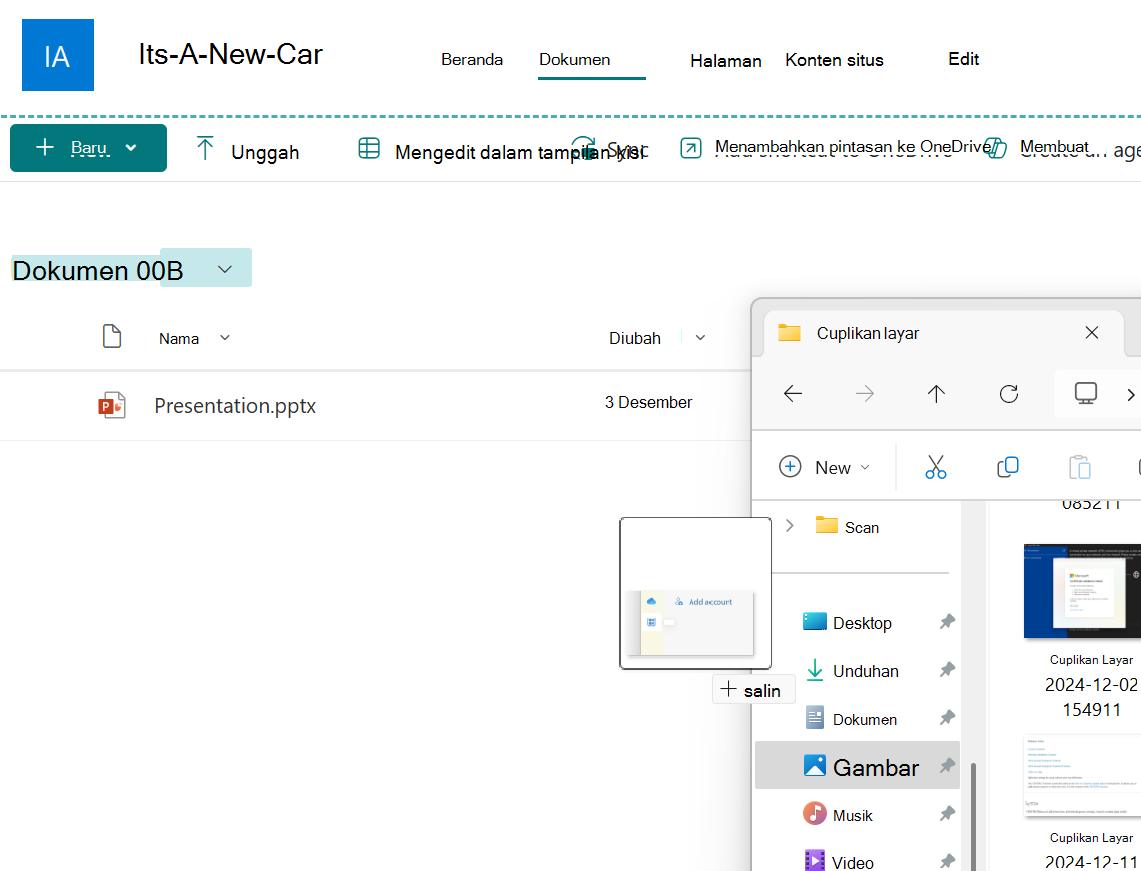 File gambar sedang diseret dari jendela Explorer ke pustaka dokumen SharePoint