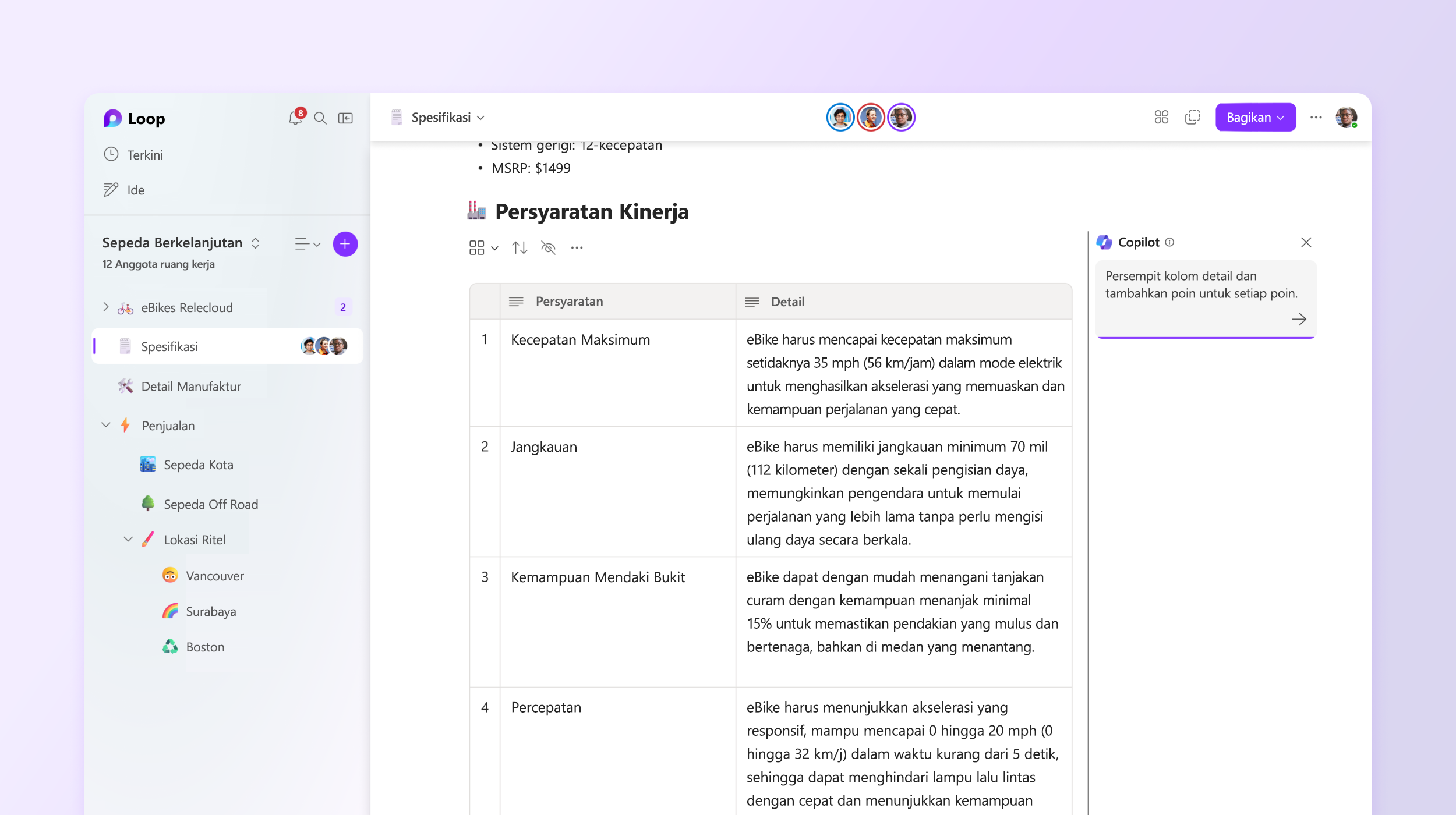 Cuplikan layar memperlihatkan Copilot di Loop sedang mengedit detail.
