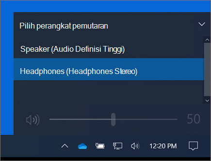 Pilihan perangkat pemutaran pada kontrol volume taskbar.