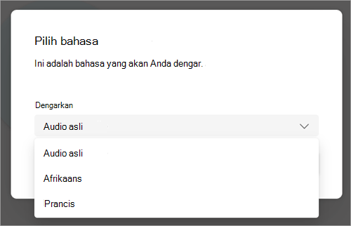 Cuplikan layar menu turun bawah dengan opsi bahasa untuk diterjemahkan selama rapat Teams.
