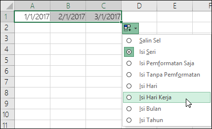 Menggunakan gagang Isian untuk membuat daftar tanggal berurutan