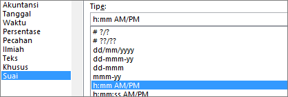 Kotak dialog Format sel, Perintah kustom, tipe j:mm AM/PM