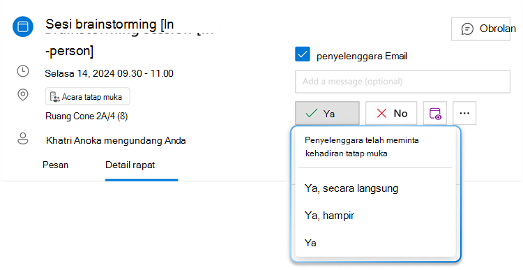 Gambar memperlihatkan tombol menu RSVP hibrid untuk Ya dengan menu menurun diperluas, di mana seseorang dapat melihat tiga opsi berbeda: "Ya, secara pribadi", "Ya, secara virtual" dan "Ya".