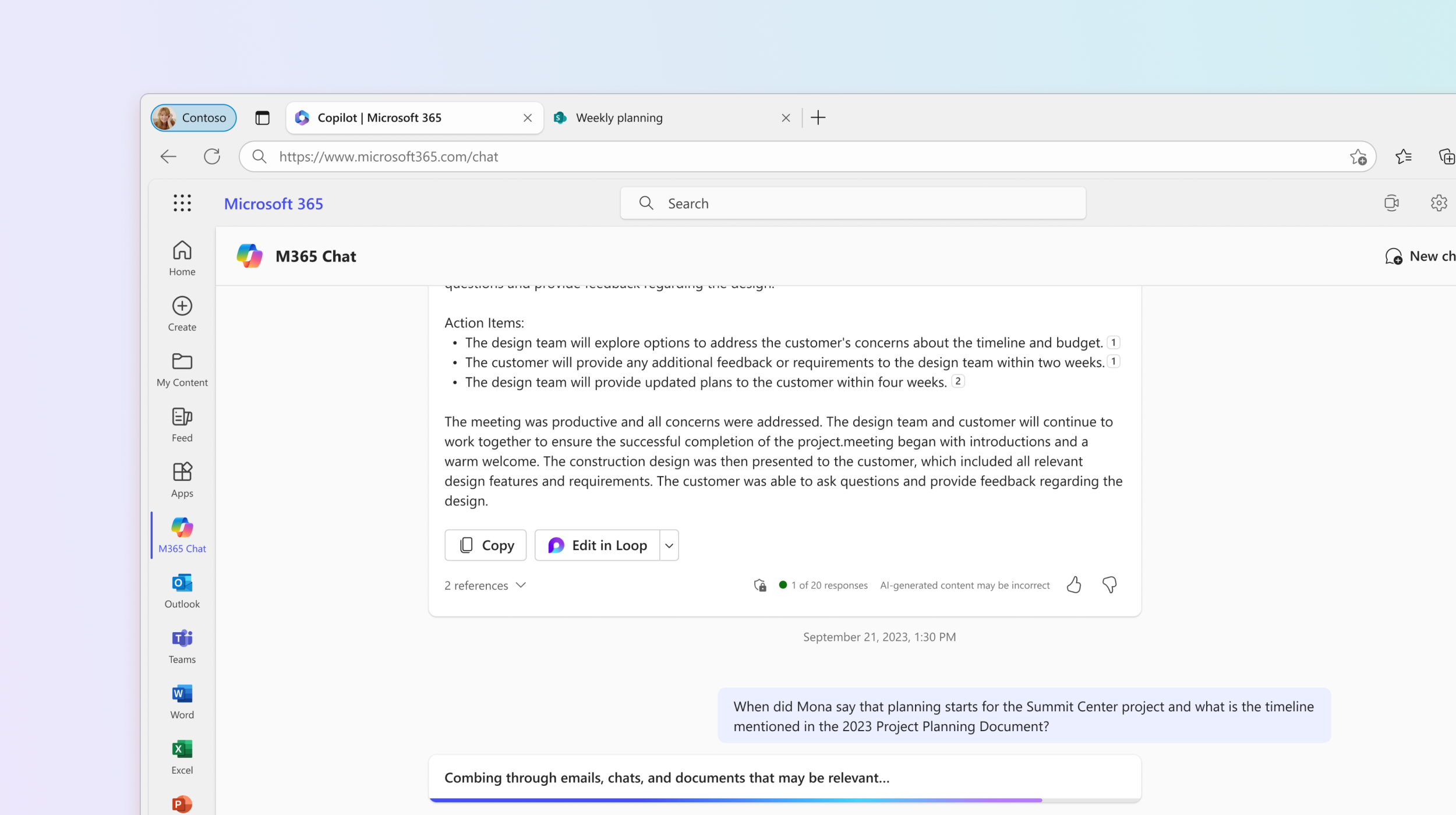 Cuplikan layar menampilkan Microsoft 365 Chat menjawab pertanyaan tentang perencanaan proyek.