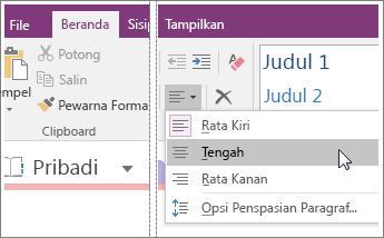 Cuplikan layar tombol Perataan Paragraf di OneNote 2016.