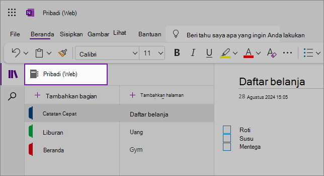 Tampilan antarmuka pengguna web OneNote yang menampilkan area konten