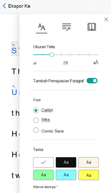 Kotak dialog preferensi teks di Pembaca Imersif di Microsoft Lens untuk iOS.