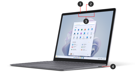 Memperlihatkan bagian depan Surface Laptop 5, dengan callout untuk fitur yang disertakan.