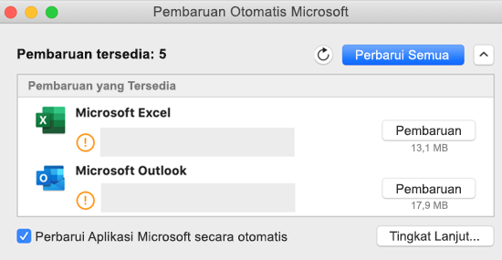 Gambar dasbor Microsoft AutoUpdate dengan informasi tentang pembaruan.