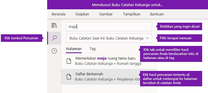 Opsi panel pencarian di OneNote untuk Windows 10