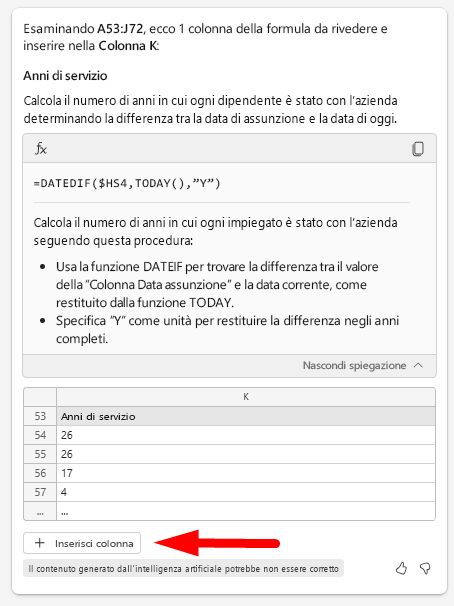 Screenshot che mostra il riquadro della chat di Copilot con la freccia puntata sul pulsante Inserisci colonna