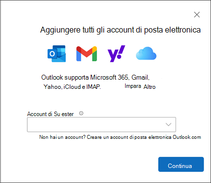 Finestra di dialogo Aggiungi account nel nuovo Outlook per Windows