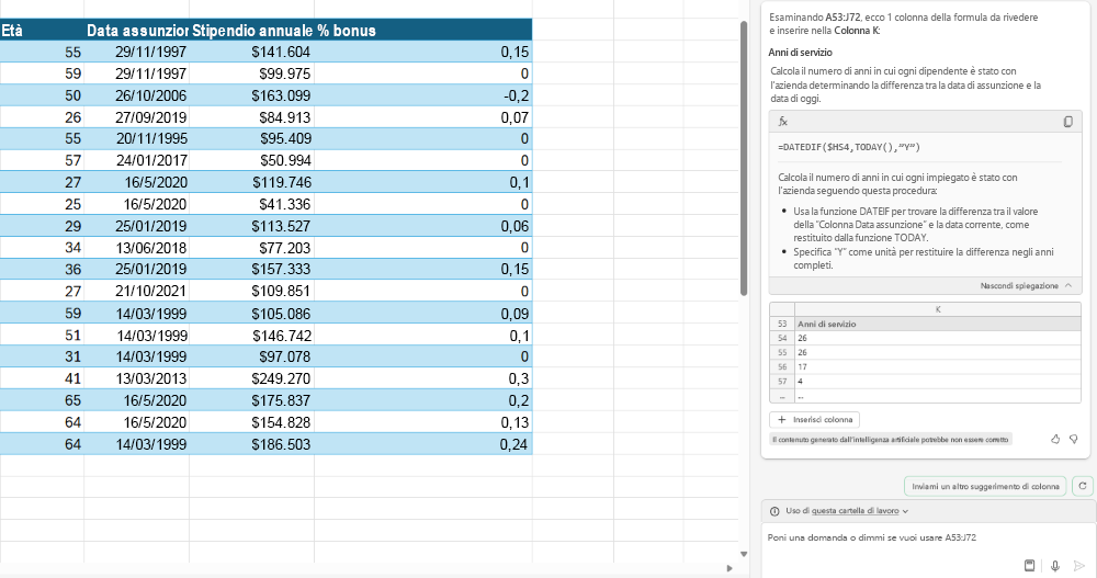 Screenshot che mostra un foglio Excel con il riquadro della chat di Copilot aperto che suggerisce una formula.