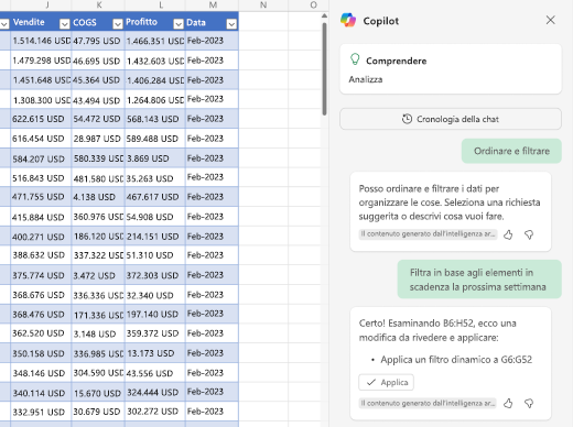 Screenshot che illustra come filtrare i dati usando Copilot in Excel.