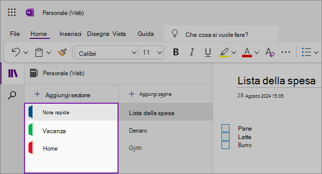 Visualizzazione dell'interfaccia utente Web di OneNote con l'area del contenuto