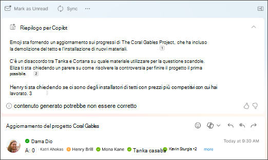 Riepilogo della discussione via posta elettronica con citazioni create da Copilot