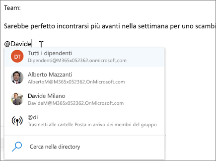 Menzioni con @ in Outlook sul Web