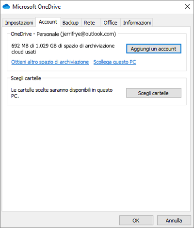 Finestra di dialogo Aggiungi account di OneDrive