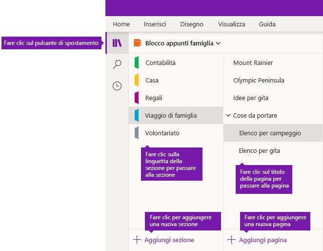 Sezioni e pagine in OneNote per Windows 10