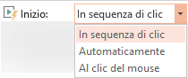 Le opzioni di riproduzione per un video del PC sono: In sequenza di clic, Automaticamente o Al clic del mouse