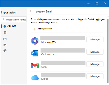 Screenshot della finestra Impostazioni che mostra l'opzione Gestisci account nel nuovo Outlook