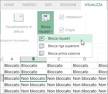 Scheda Visualizza, menu Blocca riquadri, comando Blocca riquadri