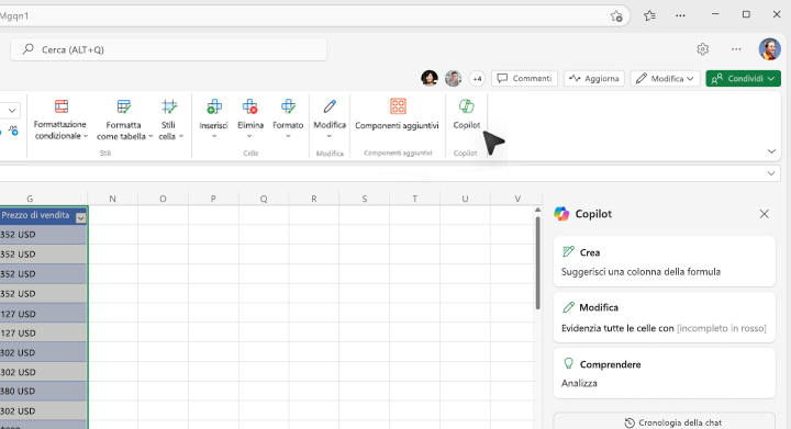 Screenshot che illustra la posizione del pulsante Copilot sulla barra multifunzione di Excel.