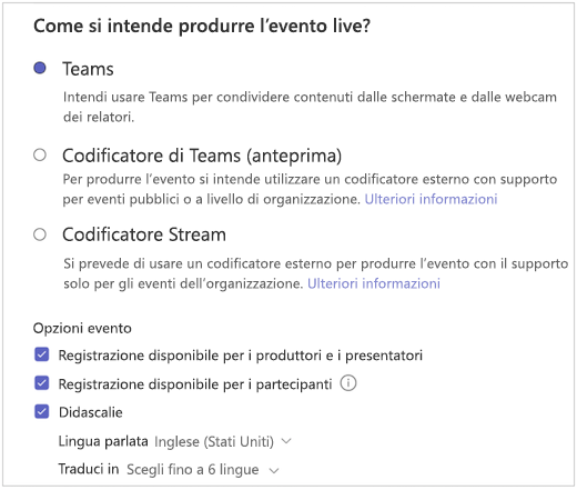 opzioni di pianificazione eventi live