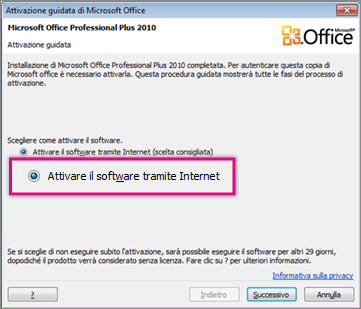 Attivare il software tramite Internet