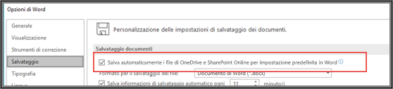 Finestra di dialogo File > Opzioni > Salva con la casella di controllo per abilitare o disabilitare il salvataggio automatico