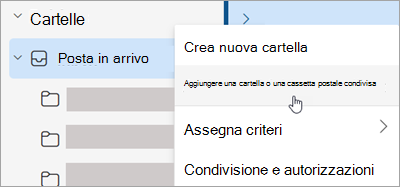 Screenshot che mostra la selezione per aggiungere una cartella o una cassetta postale condivisa