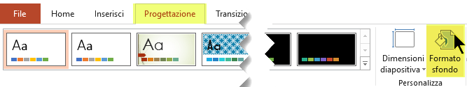 Il pulsante Formato sfondo si trova nella scheda Progettazione della barra multifunzione di PowerPoint