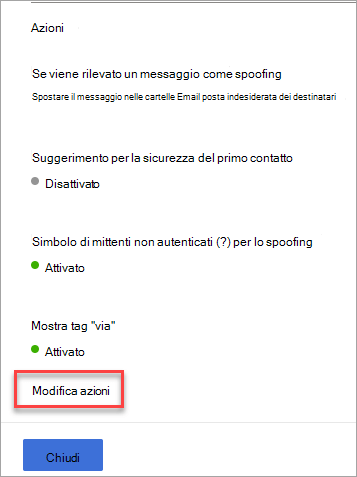 Riquadro azioni dei criteri anti-phishing con una freccia che punta al collegamento Modifica azioni.