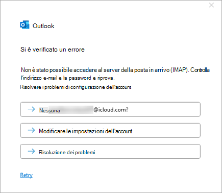 Screenshot del messaggio di errore si è verificato un problema durante l'aggiunta di un account iCloud