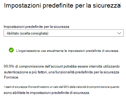 Finestra di dialogo Abilita impostazioni predefinite di sicurezza delle proprietà di Azure Active Directory.