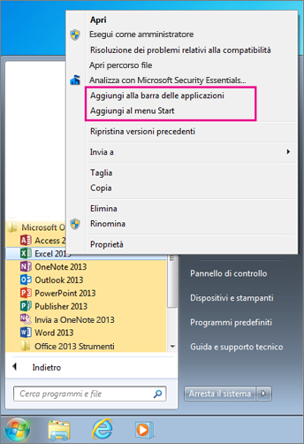 Aggiungere le app di Office alla schermata Start o alla barra delle applicazioni in Windows 7