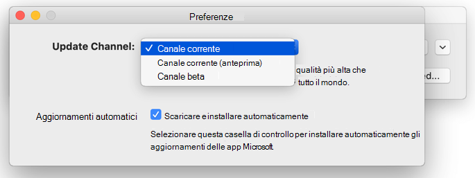 Immagine della finestra Microsoft AutoUpdate -> Preferenze in Mac che mostra le opzioni per i canali di aggiornamento.