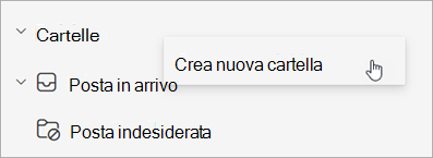 Screenshot dell'opzione Crea nuova cartella selezionata nel menu Altre opzioni del riquadro delle cartelle