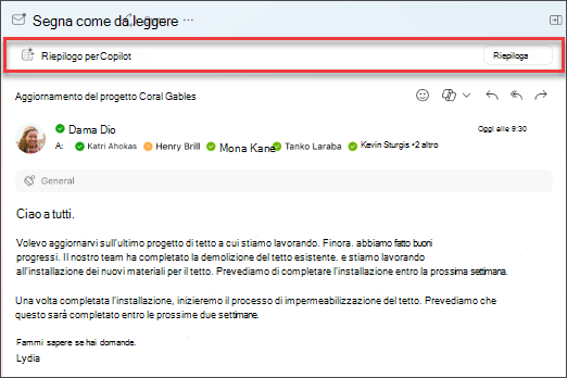 Selezionare riepilogo per Copilot per creare un riepilogo di un thread di messaggi di posta elettronica.