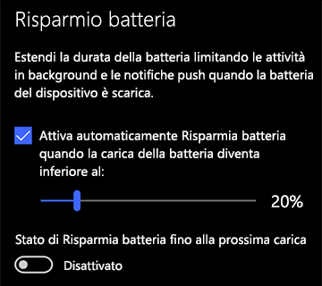 Immagine delle impostazioni di Risparmia batteria